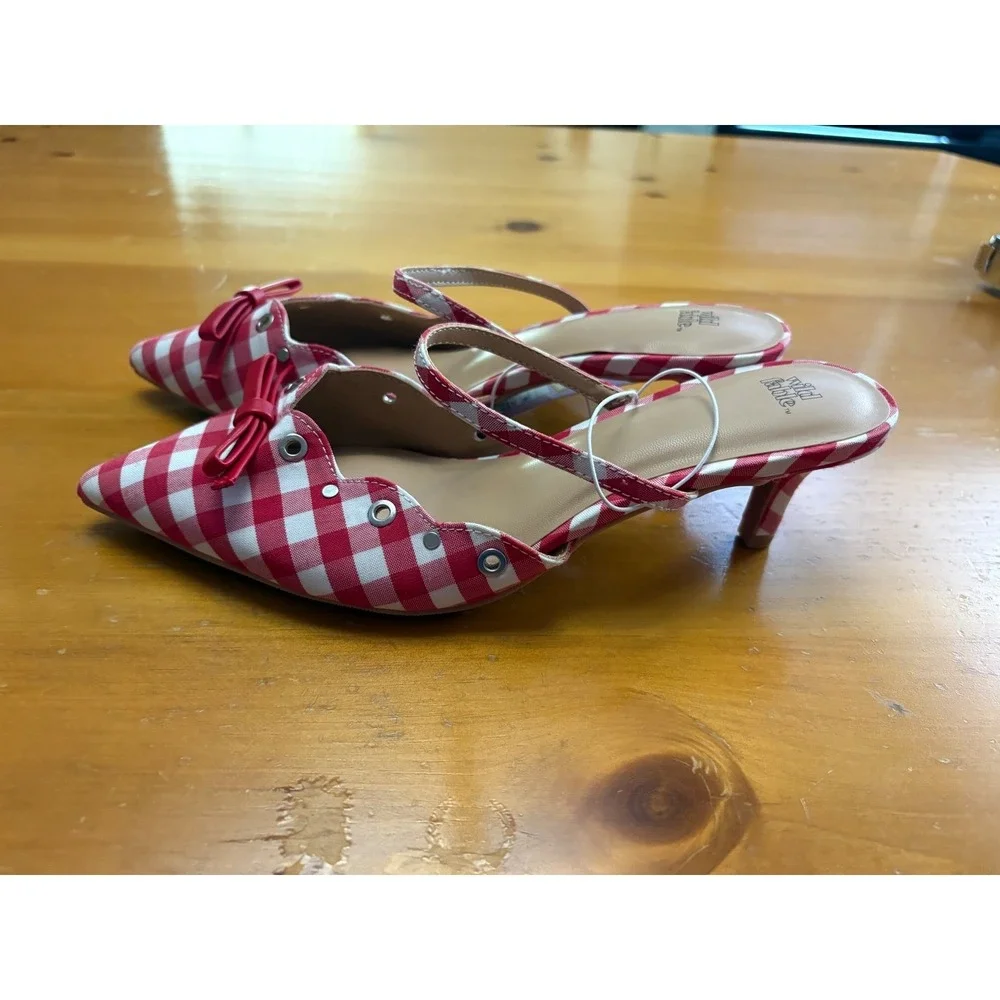 Wild Fable Lysandra Gingham Eyelet Kitten Heels Red White Bow Pumps Womens 7.5